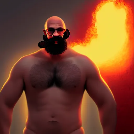 Image similar to bald boxer with chest tattoos with van dyke black beard on fire, digital art, cinematic, concept art, 8k, painting, imaginefx, cgsociety, syd mead, trending on artstation, wide shot, full shot