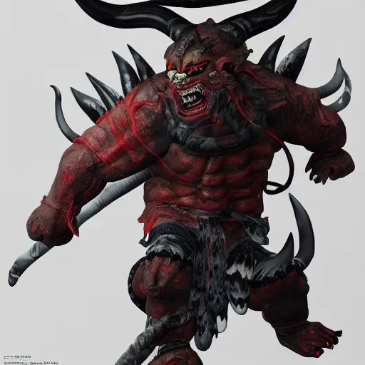 Image similar to an ultra detailed 3 d render of a japanese oni demon as a boss from nioh, shonen anime, 8 k, volumetric lighting, smooth, highly detailed, digital illustration, octane render, art by jeong seon and greg rutkowsi, artstation