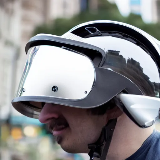 Image similar to person wearing motorcycle helmet, mirrored visor