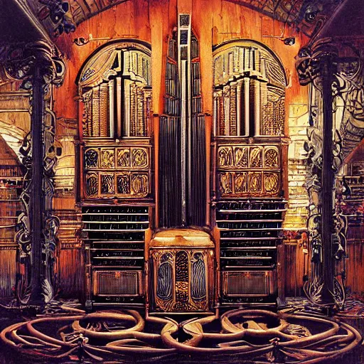 Image similar to tech noir pipe organ lp album art, intricate detail, mechanical, baroque oil painting by alan lee and jim burns, wild west architecture