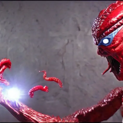 Image similar to ultraman fighting with a huge worm monster