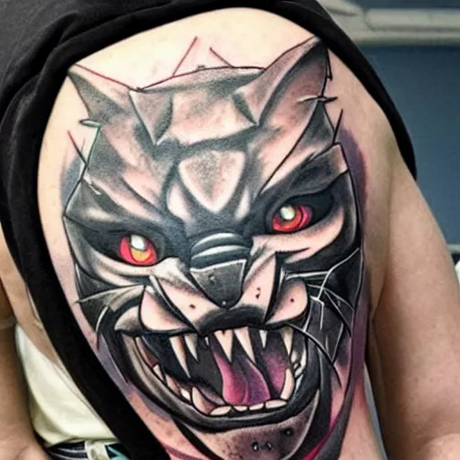 Image similar to a tatoo of rengar from league of legends,