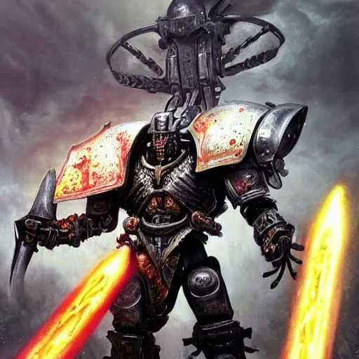 Image similar to a hyperrealistic magnificent robot holding a powerful sword, archaon the everchosen, terminator, Terminator: Dark Fate, most beautiful image ever created, emotionally evocative, greatest art ever made, lifetime achievement magnum opus masterpiece, the most amazing breathtaking image with the deepest message ever painted, a thing of beauty beyond imagination or words