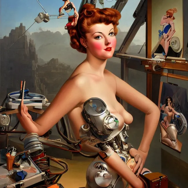 Image similar to robot artist painting a self - portrait on a canvas. intricate, highly detailed, digital matte painting in the style of gil elvgren and in the style of stephen hickman. irony, recursion, inspiration.