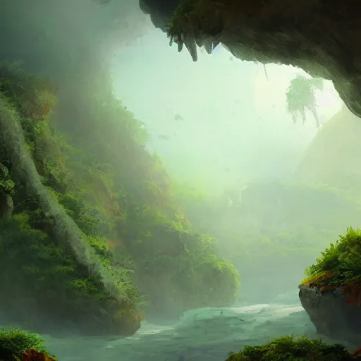 Image similar to Canyon in the jungle with corals and dinosaur dkeletons, 8k, detailed, concept art, trending on artstation