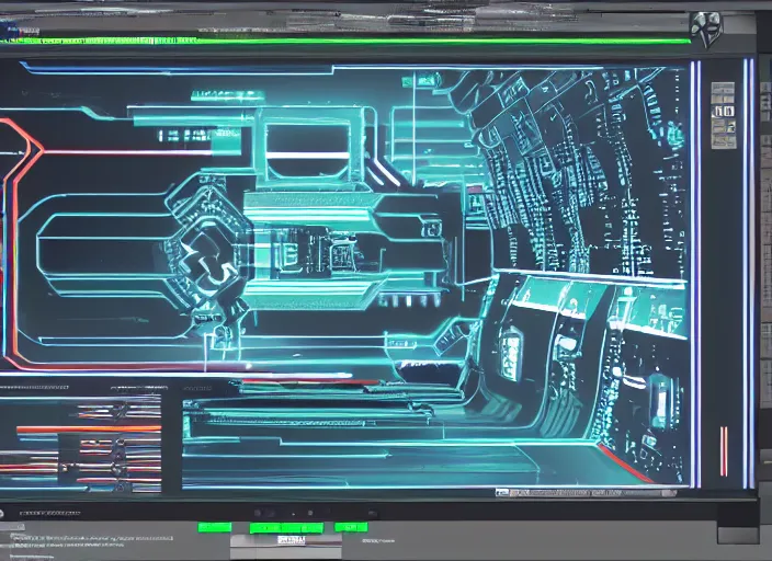 Image similar to cyberpunk graphics user interface ( gui ) depicting operational controls of a mech robot. design by mark coleran or jayse hansen