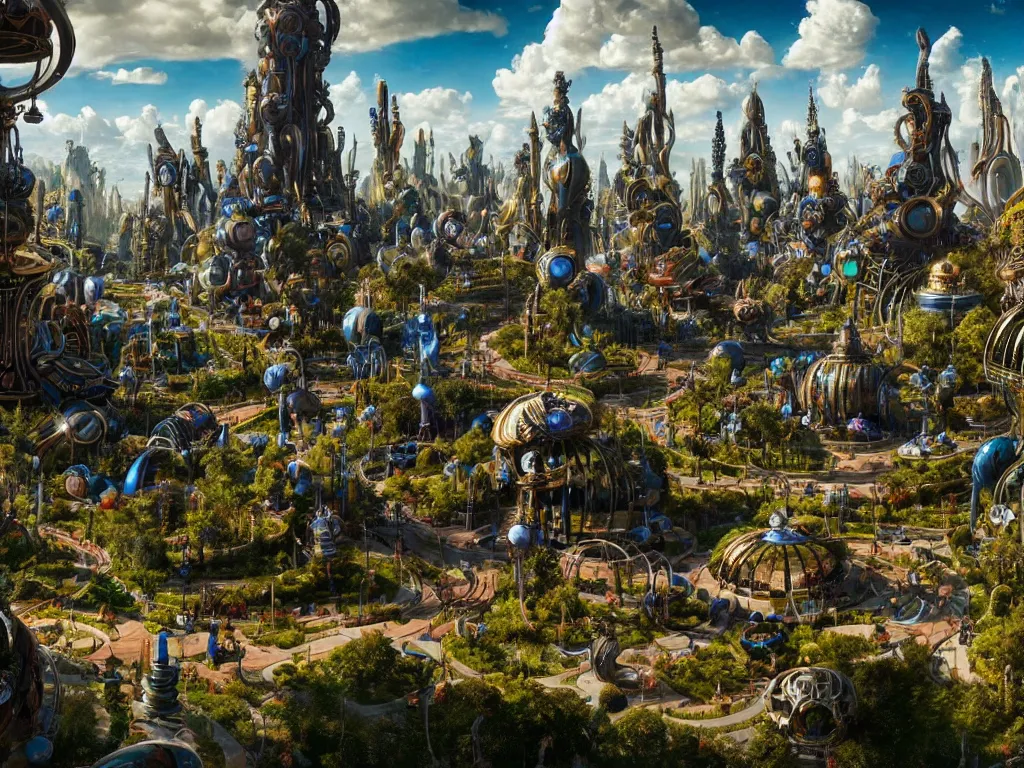 Image similar to a busy elaborate ornate outdoor sci - fi park, cinematic, shadows, partly cloudy day, 4 k, detailed, by peter jackson and ridley scott and beeple and greg rutowski