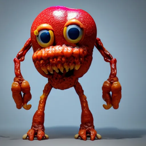 Prompt: an alive apple fritter with eyes and arms and legs, 3d model, octane, realistic lighting, dynamic shadows