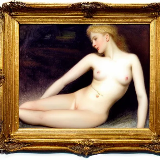 Prompt: tableau seins femme nue of beautiful white blond teenage girl in the contrasted crystal, drawn in style of John Everett Millais, Delphin Enjolras, soft-skin, upperbody, in lacy Boux Avenue, Agent Provocateur