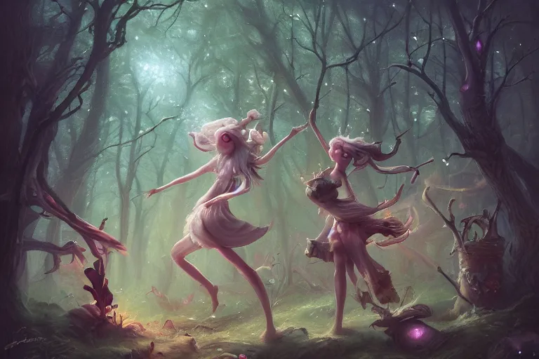 Prompt: detailed painting of fairies in the moosy forest clearing dancing, in the style of peter mohrbacher, james jean, artgerm, dramatic lighting and composition, surreal background, octane render, pixar, trending on artstation, concept art, comic book, 8 k