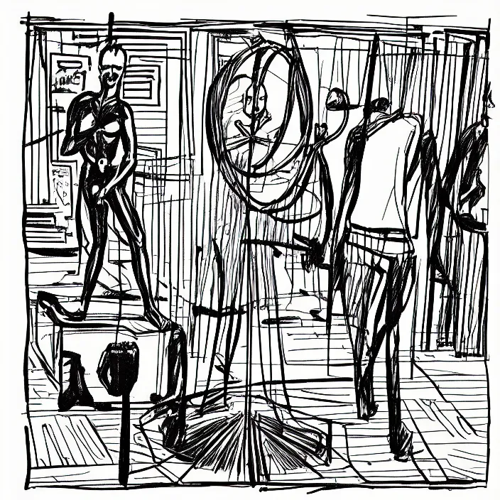 Image similar to a still frame from comic strip two person looking at the sculpture 1 9 9 0, new yorker illustration, monochrome contrast bw, lineart, manga