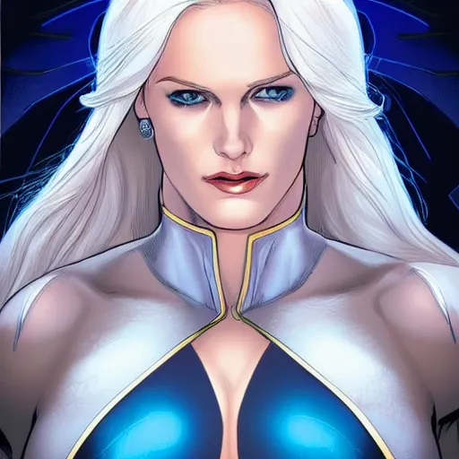 Prompt: Portrait of Emma Frost, a beautiful woman in her 30s, with white blonde hair and blue eyes, symmetrical face, detailed features, delicate features, teasing smirk, artstation, graphic novel, art by Ardian Syaf and Pepe Larraz,