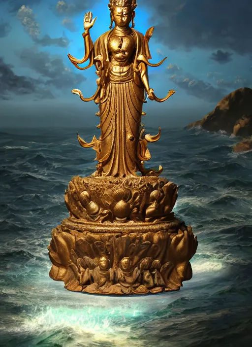 Image similar to guanyin stand on big loutus, a godness of the southern seas, a realistic setting with muted colors, visual novel cover, by yoshitaka amano, zeng fanzhi, jane hamilton, tiffany studios, sunrays shine uponit, frostbite 3 engine, cryengine, dof, trending on artstation, digital art, fantasy detailed background