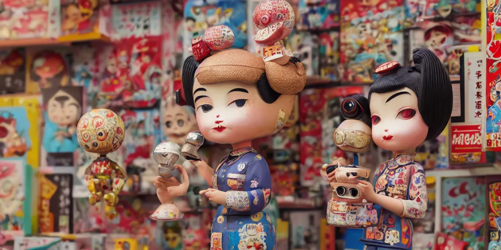 Image similar to closeup portrait of tin toy retro tokyo corner store, depth of field, zeiss lens, detailed, centered, photoshoot, by nicoletta ceccoli, mark ryden, lostfish, breathtaking, 8 k resolution, extremely detailed, beautiful, establishing shot, artistic, hyperrealistic, octane render, - h 8 0 4