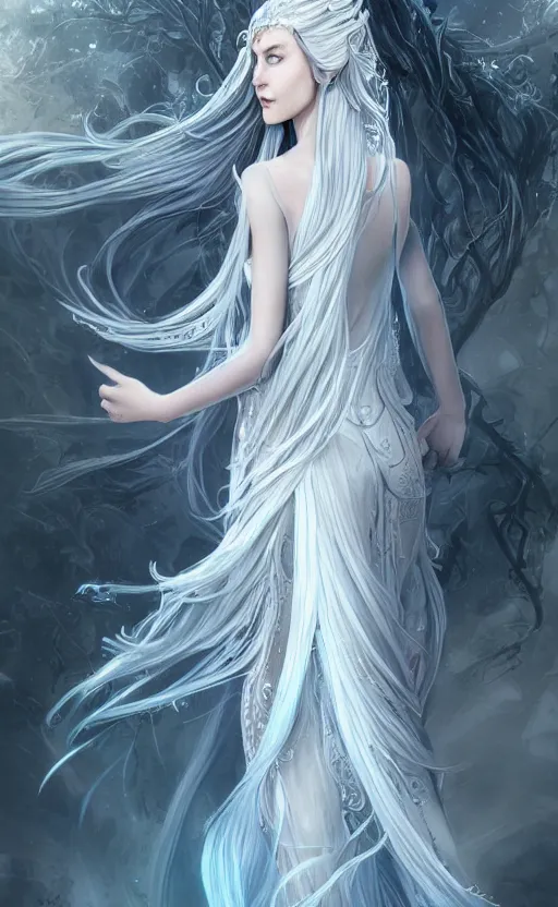 Image similar to an elven woman with long, silver hair cascading down her back. she has delicate, angular features and piercing blue eyes. she's clad in a flowing white dress with intricate silver embroidery, dynamic lighting, photorealistic fantasy concept art, trending on art station, stunning visuals, creative cinematic, ultra detailed