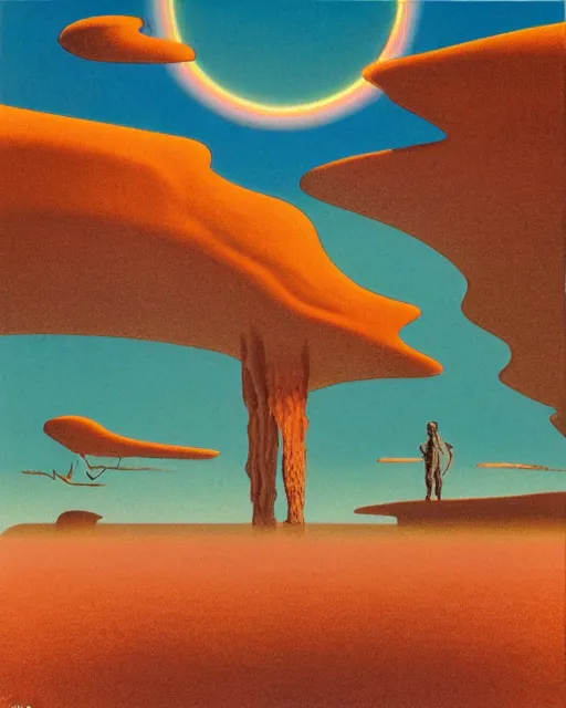 Image similar to roger dean 1 9 8 0 s art of a lone man walking in the dry desert of a strange bizarre alien planet surface lakes reflective clear blue water, rainbow in sky, imagery, illustration art, album art