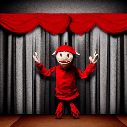 Prompt: puppet on string behind red curtains, an album cover, very dark ambiance, sewn mouth, hyperrealism, no watermark, no white space