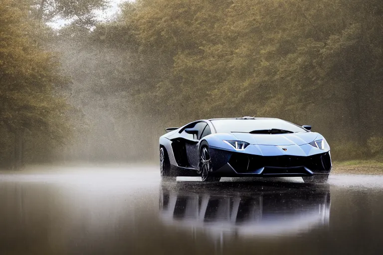 Image similar to a landscape photograph of a lamborghini aventador driving through a vast serene landscape on a rainy day, river, trees, beautiful lighting, by lee madgwick