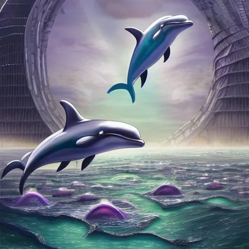 Image similar to an alien dolphin city, sci-fi digital art illustration,