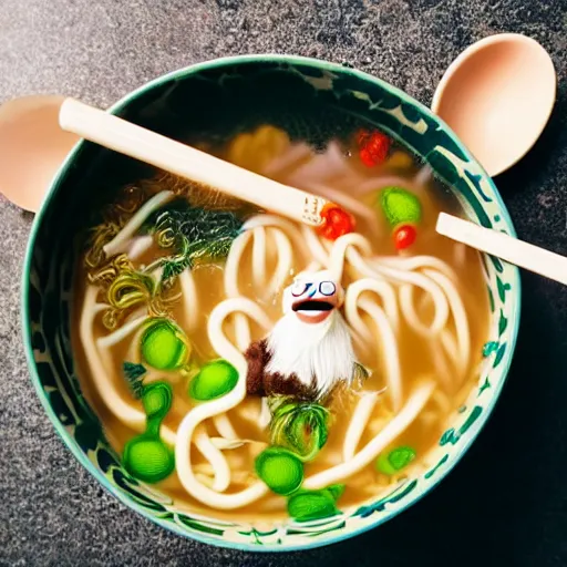 Image similar to muppet submerged in a bowl of noodle soup