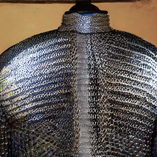 Image similar to detailed painting of a chainmail shirt on top of a blacksmith's anvil