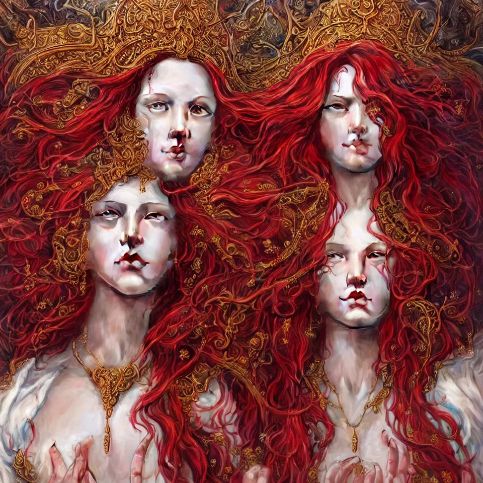 Prompt: hyperrealistic mixed media painting of a beautiful female priestess, stunning 3d render inspired art by P. Craig Russell and Barry Windsor-Smith + perfect facial symmetry + dim volumetric lighting, vibrant red hair, ornate flowing white robes, dizzy, full body, 8k octane beautifully detailed render, post-processing, extremely hyperdetailed, intricate, epic composition, grim yet sparkling atmosphere, cinematic lighting + masterpiece, trending on artstation, very very detailed