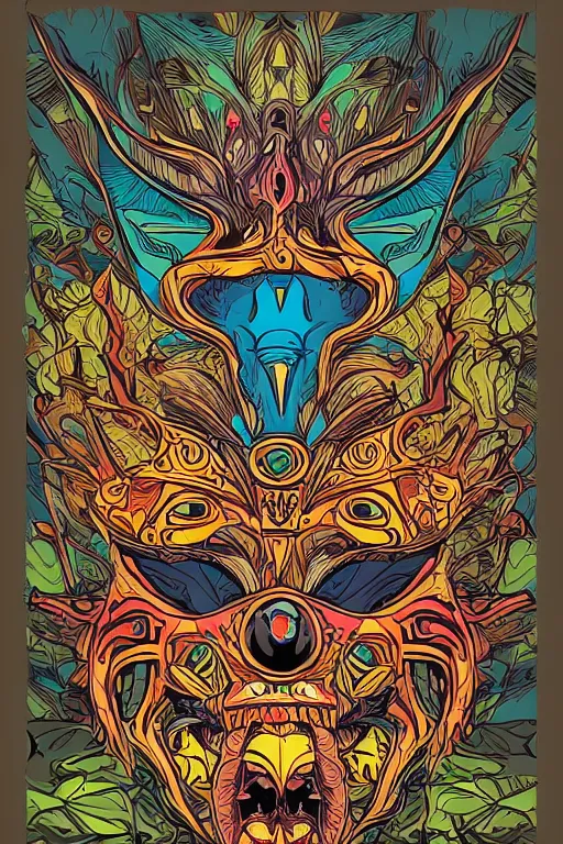 Image similar to animal mask totem roots flower tribal feather gemstone plant wood rock shaman vodoo video game vector cutout illustration vivid multicolor borderlands comics by josan gonzales and dan mumford radiating a glowing aura