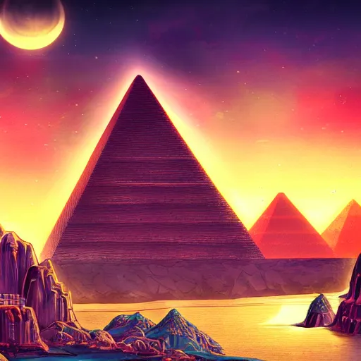 Image similar to old egyptian structures with waterfalls, epic retrowave art, trending on art station