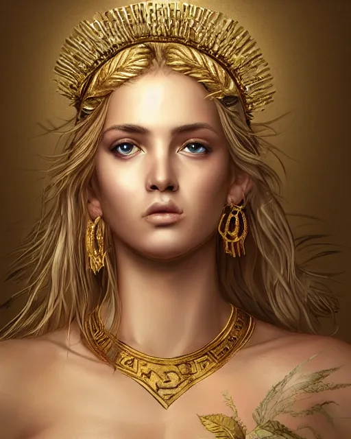 Image similar to front view of beautiful super model aphrodite greek goddess wearing a gold laurel wreath and triangle earrings, realism tattoo sketch, beautiful piercing eyes with sharp pupils, beautiful blonde hair, in the style of greg rutkowski, fantasy, amazing detail, epic, elegant, smooth, sharp focus