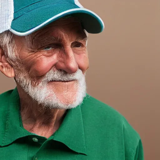 Image similar to old man wearing green shirt, blue cap, white hairs