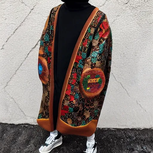 Prompt: hispanic brown skin wearing gucci colorful intense intricate textile chiton himation cloak tunic detailed streetwear cyberpunk modern fashion