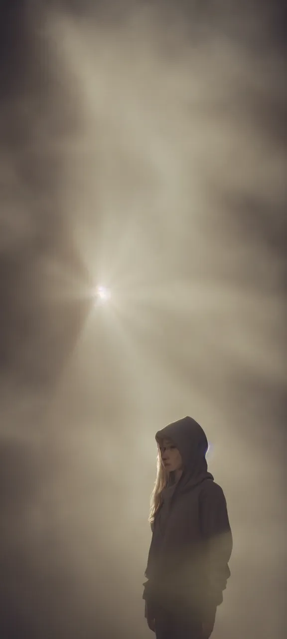 Prompt: very very beautiful photograph of emily skinner looking like annie leonhart in a hoodie standing next to a window god rays shining on her from the sunlight, volumetric fog, smoke, depth of field, beautiful composition, very very very beautifull face, on artstation and instagram