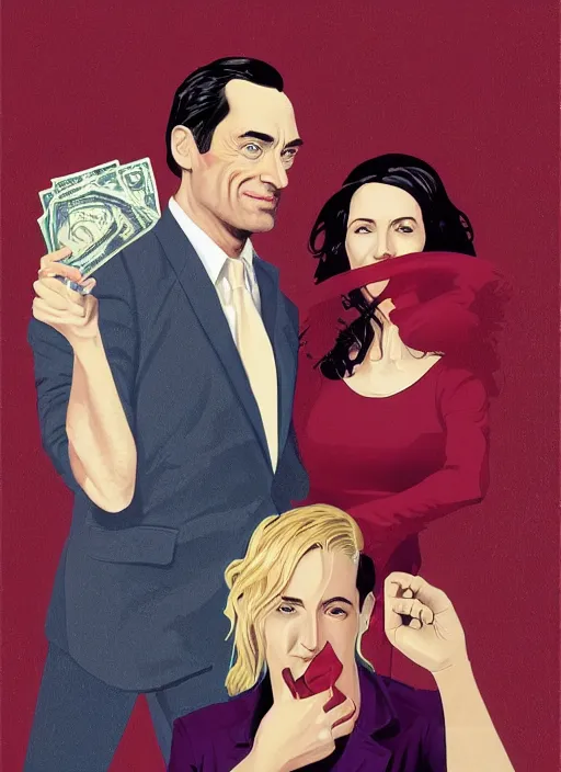 Prompt: poster artwork by Michael Whelan and Tomer Hanuka, Karol Bak of Naomi Watts & Jon Hamm husband & wife portrait, in the pose of 'Laughing Couple with a Money Purse' painting, from scene from Twin Peaks, clean, simple illustration, nostalgic, domestic, full of details