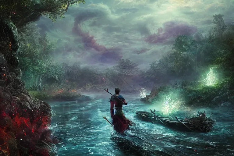 Image similar to the river stole the gods. photo - realistic hd, hyperrealism, colourful, highly detailed, cinematic, luminescence, 3 2 k, dop, high contrast, intricate, mystery, epic, fantasy