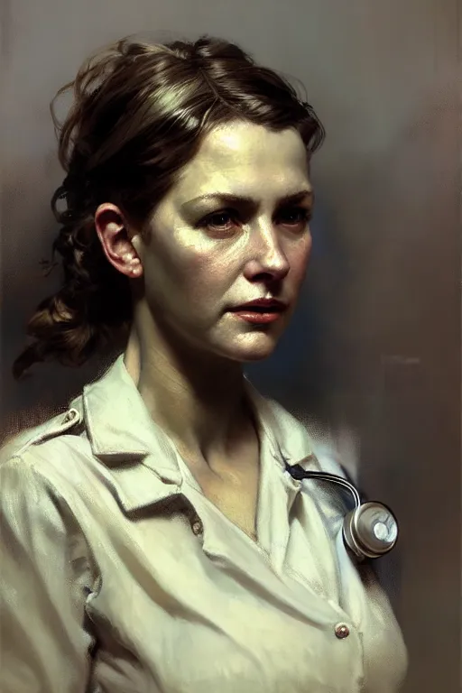 Prompt: hyperrealist portrait of a ww 2 female nurse by jeremy mann and alphonse mucha, fantasy art, photo realistic, dynamic lighting, artstation, poster, volumetric lighting, very detailed faces, 4 k, award winning