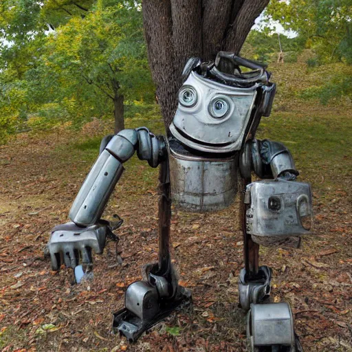 Image similar to rusty robot sitting by a tree, auction catalogue photo