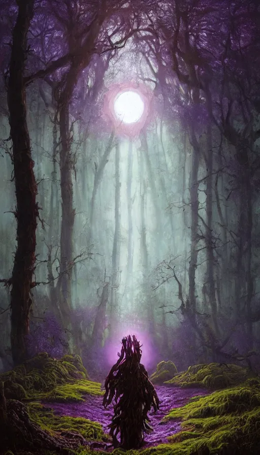 Image similar to Hyper realistic oil painting of a future sci-fi ancient god on the middle of a forest with a lot of purple trees holding a portal that's about to explode, fog, volumetric lighting, nighttime, moonlight, by Greg Rutkowski and Diego Velázquez