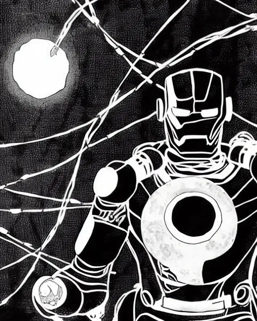 Image similar to black and white sad iron man with wires on hands on the destroed moon, iron man eat banana, wires earth background, by tsutomu nihei