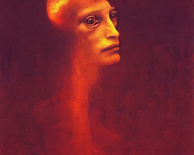 Image similar to by francis bacon, beksinski, mystical redscale photography evocative, expressionism. kat dennings uma thurman christina hendricks tilda swinton