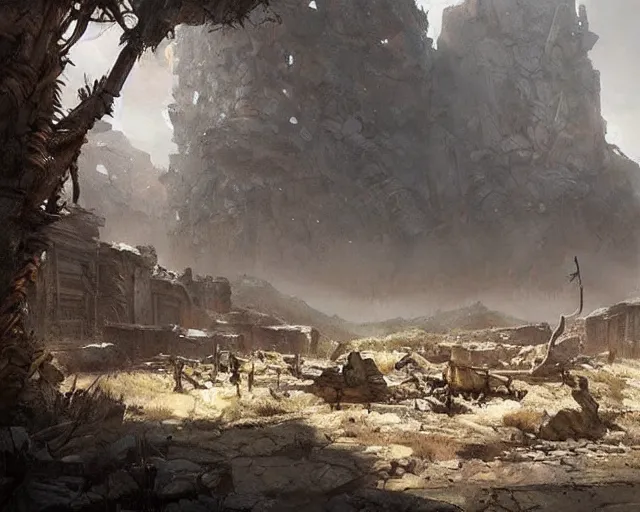 Prompt: post - apocalyptic stone age ruins, art by greg rutkowski and artgerma, stunning concept art