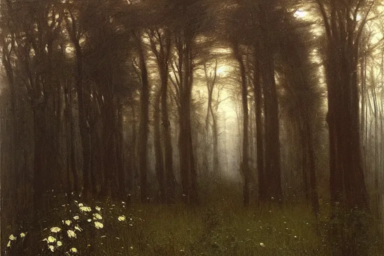 Image similar to dark and spooky painting of a forest dimly lit at night with tiny purple morning glory flowers trailing at the base of trees. foggy cinematic volumetric darkness, muted colour palette, detailed oil painting on canvas john william waterhouse, john everett millais