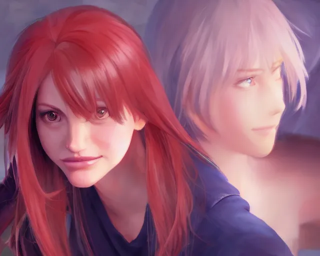 Image similar to full body portrait character concept art, oil painting anime key visual of cameron diaz with scarlet hair, studio lighting delicate features finely detailed perfect face directed gaze, at an ancient city, gapmoe yandere grimdark, trending on pixiv fanbox, painted by greg rutkowski makoto shinkai takashi takeuchi studio ghibli