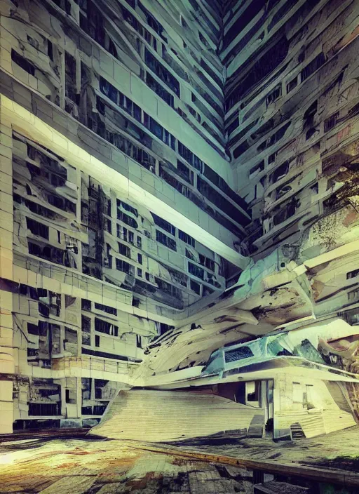 Prompt: “derelict architecture single building , cyberpunk setting, building designed by architect Oscar Niemeyer, architecture digest, building surrounded in a luxury environment, bright tones, fluorescent lighting,volumetric Lighting, photorealism, high detail, golden ratio, cinematic, octane renderer”