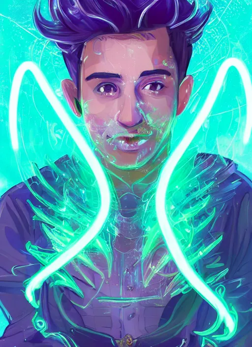 Image similar to character concept !portrait of a handsome young wizard with olive skin and buzzed short spiky hairstyle casting a spell with apleasantly surprised expression. glowing runes in swirling neon light, an iridescent spell book hovering in mid-air. glowing magic dust swirling. intricate, elegant, digital painting, concept art, smooth, sharp focus, illustration, by Ruan Jia and Mandy Jurgens and Artgerm and William-Adolphe Bouguereau