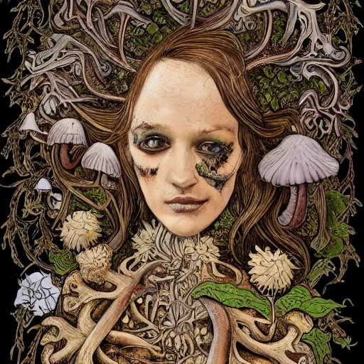 Image similar to a beautiful detailed front view portrait of a rotten woman corpse with fractal plants and fractal flowers and mushrooms growing around, symmetrical, ornate, ornamentation, illustration, in the style of art nouveau