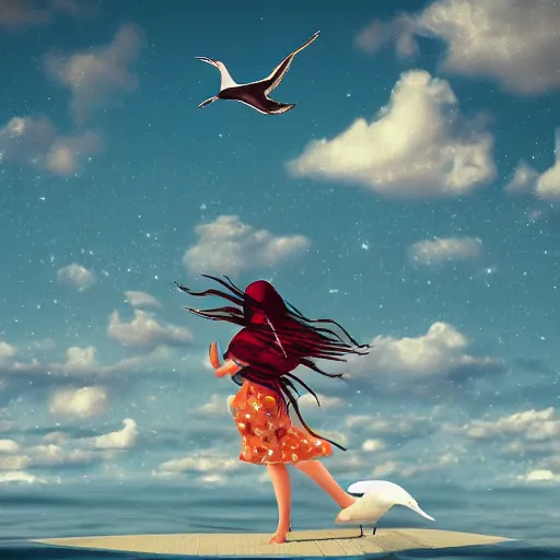 Image similar to Digital art of a woman riding a giant seagull in the sky