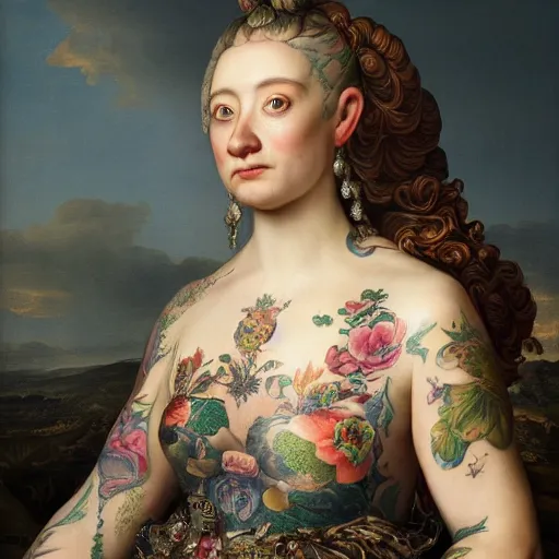 Image similar to ultra detailed, 4 k portrait of a tattooed woman in baroque dress by rachel ruysch