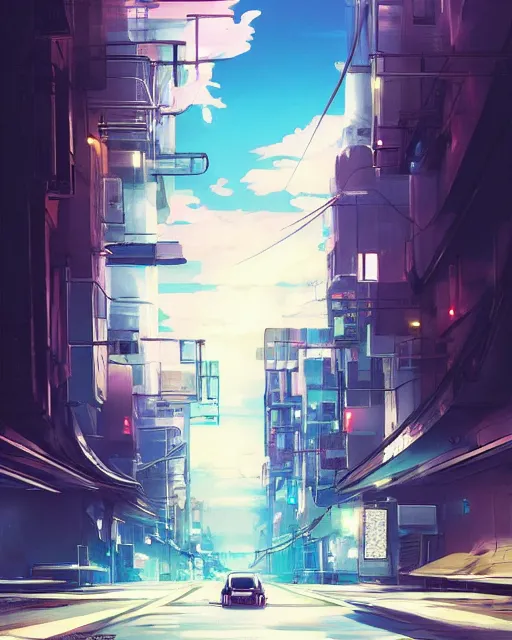 Image similar to a car driving down a street under a bridge, an album cover by makoto shinkai and by edward okun and by sengai, cgsociety, altermodern, anime aesthetic, official art, cinematic