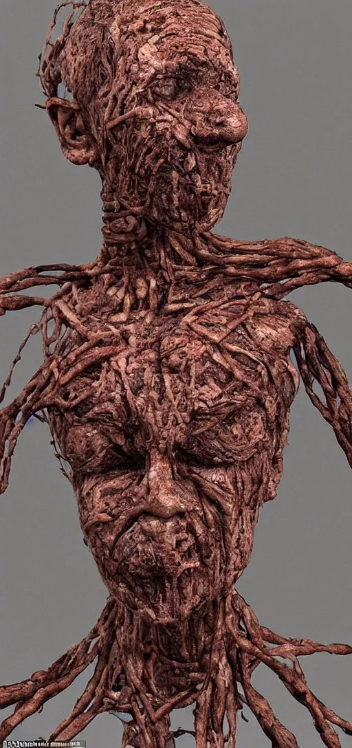 Prompt: hyperealistic sculpture of a human with rusty pipes extruding from the body, body horror, human bodies, scary, human faces, disturbing,