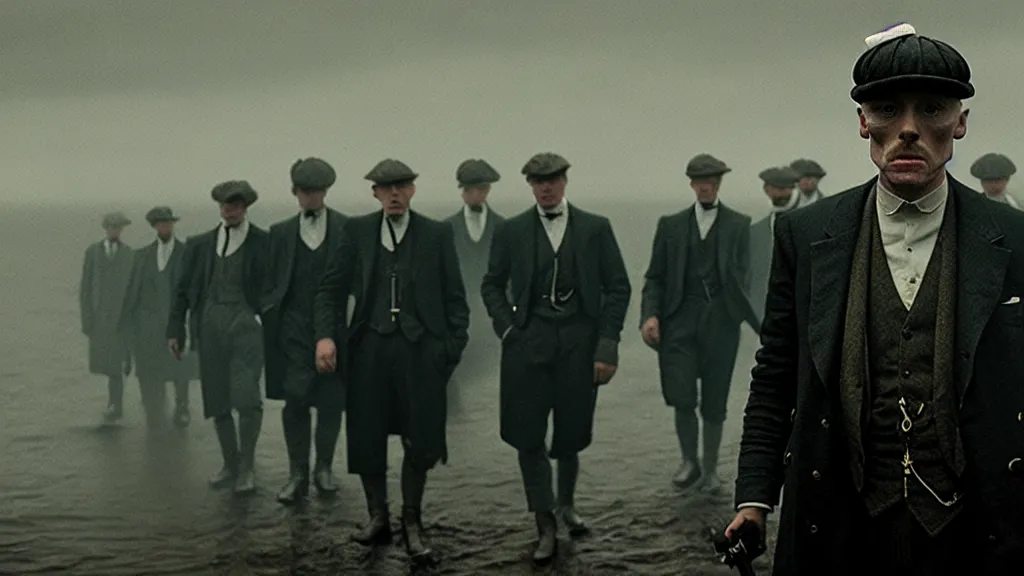 Prompt: the peaky blinders made of fish coming out of the ocean film still from the movie directed by denis villeneuve with art direction by zdzis